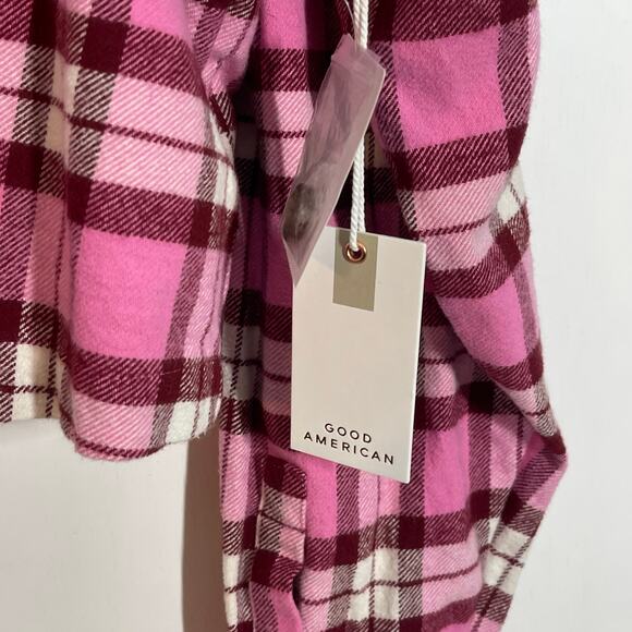NEW Good American Cropped Shirt Women's Plus Size 5 (2X) Pink Plaid Pockets - Picture 7 of 8